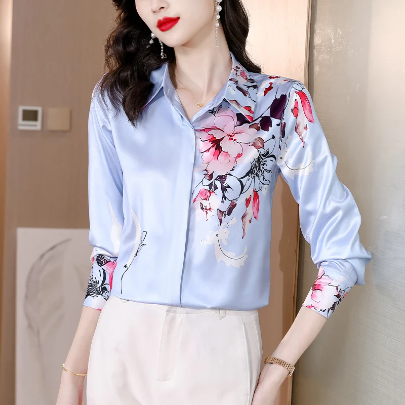 

Элегантная женская рубашка на пуговицах с длинным рукавом, Новая Модная шелковая Цветочная блузка, Свободная Женская одежда, женские топы, блузы 24679