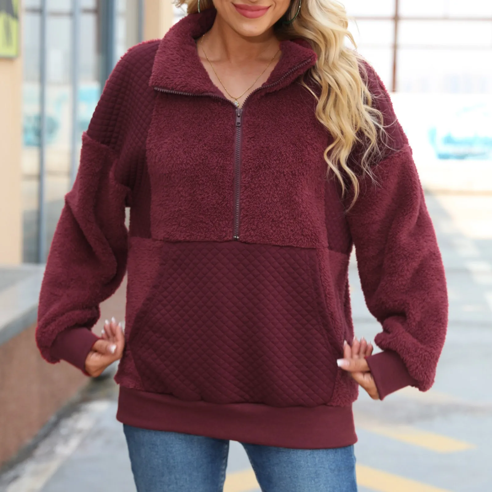 

Set Women Sweatshirt Women Solid Color Hooded Sweatshirt Coat Winter Warm Wool Zipper Pockets Cotton Ladies Sweatshirt with Hood
