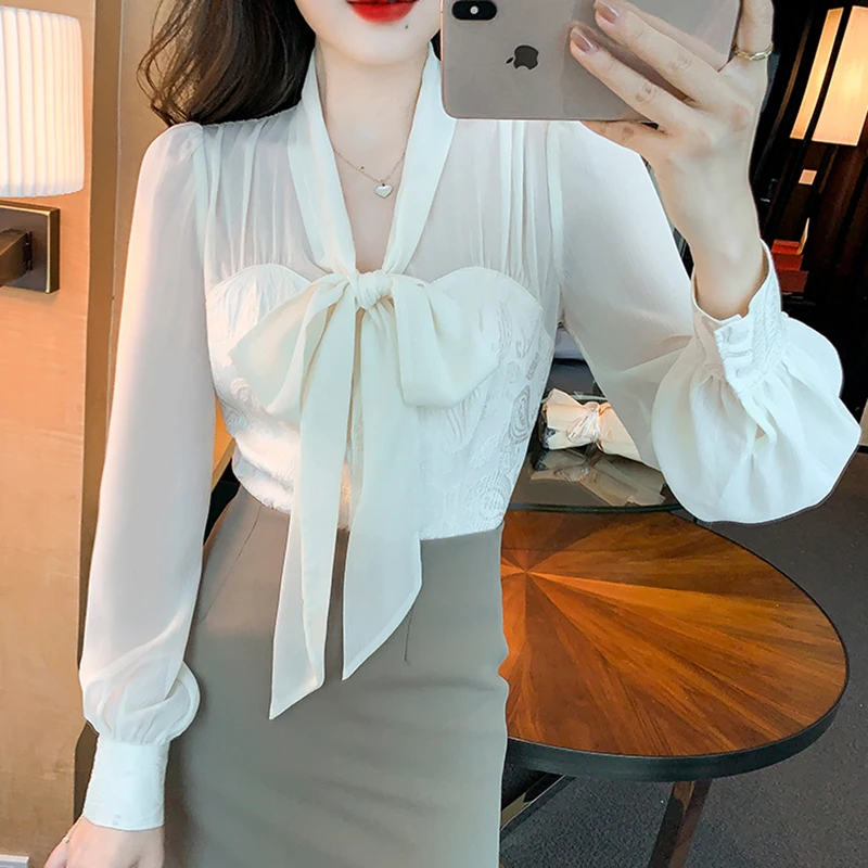 

Женская элегантная Милая шифоновая блузка с бантом, модная Осенняя Повседневная рубашка с длинным рукавом, женские топы, 2023