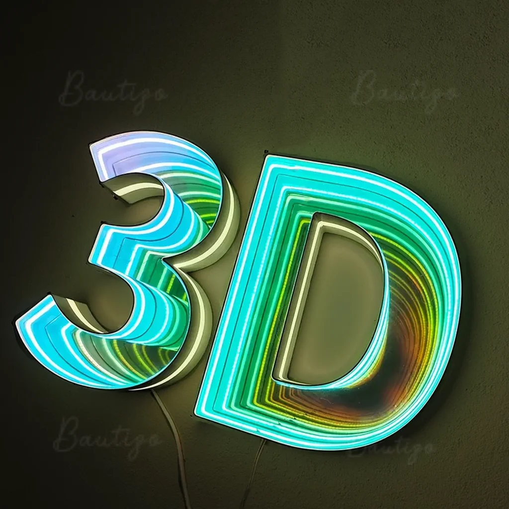 Фото Пользовательские 3D светодиодные зеркала бесконечности с подсветкой букв Крытый светодиодный знак для приема светящийся настенный декор для дома или бизнеса №2