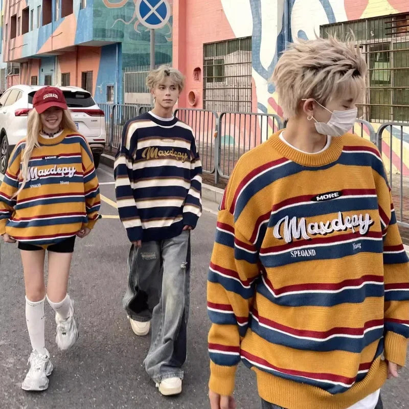 Винтажный вязаный свитер в американском стиле черный и красный цвет свободный