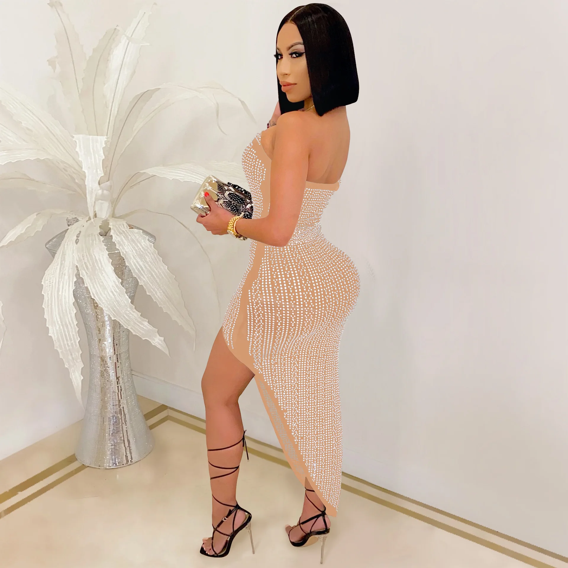 2022 New Bodycon Dress Solid Diamond Strapless Off Shoulder Sexy Celebrity Party Midi Dress Vestidos