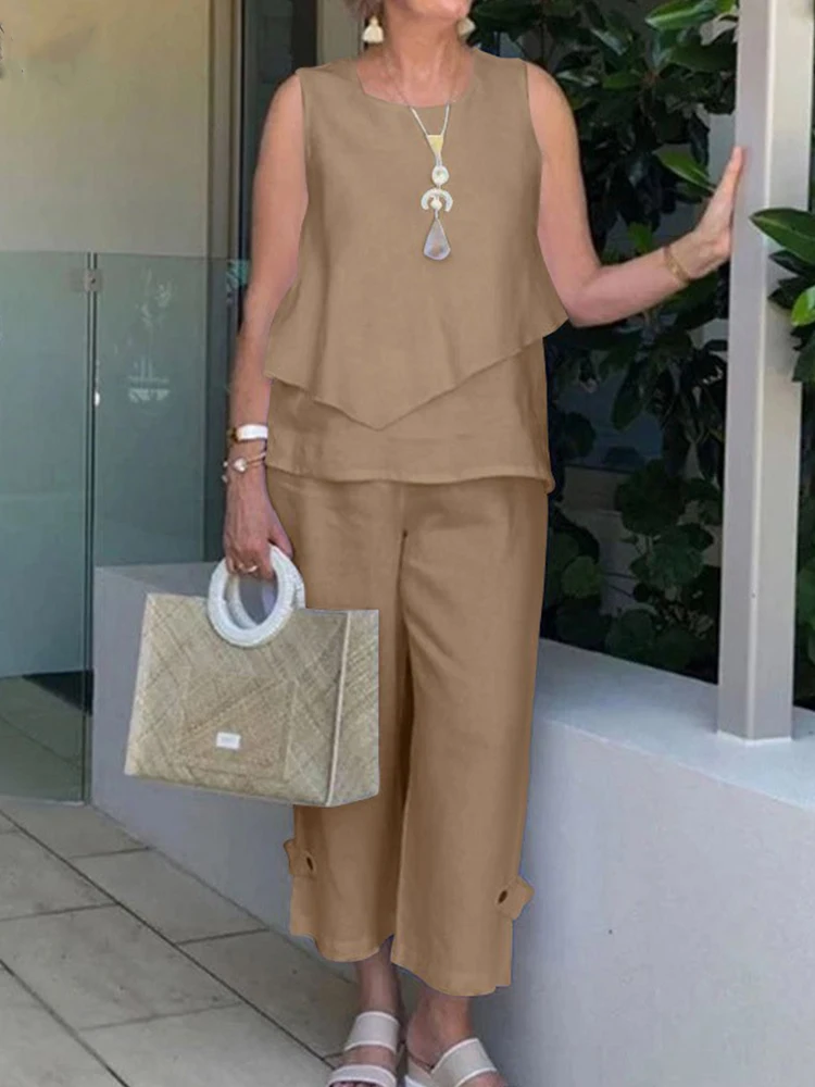 

Women Casual Cotton Linen Solid Suit Fashion O Neck Sleeveless Tank Tops and Straight Pants Outfits Vintage Loose Two Piece Sets
