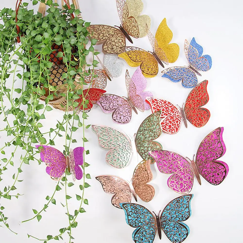 

12Pcs Butterfly Wall Stickers Vivid Appearance Exquisite Double-layer Colorful 3D Hollow-carved Wall Sticker for Wedding