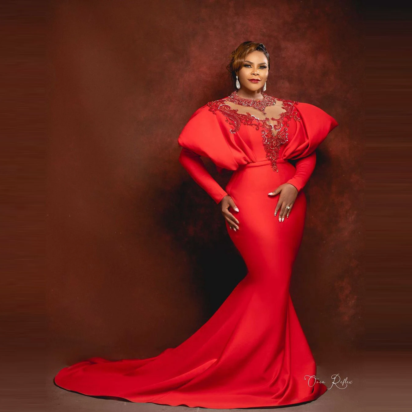 

Red Elegant High Neck Prom Dresses Lace Appliques Puffy Sleeves Aso Ebi Mermaid Party Gown Floor Length Custom Vestidos De Gala