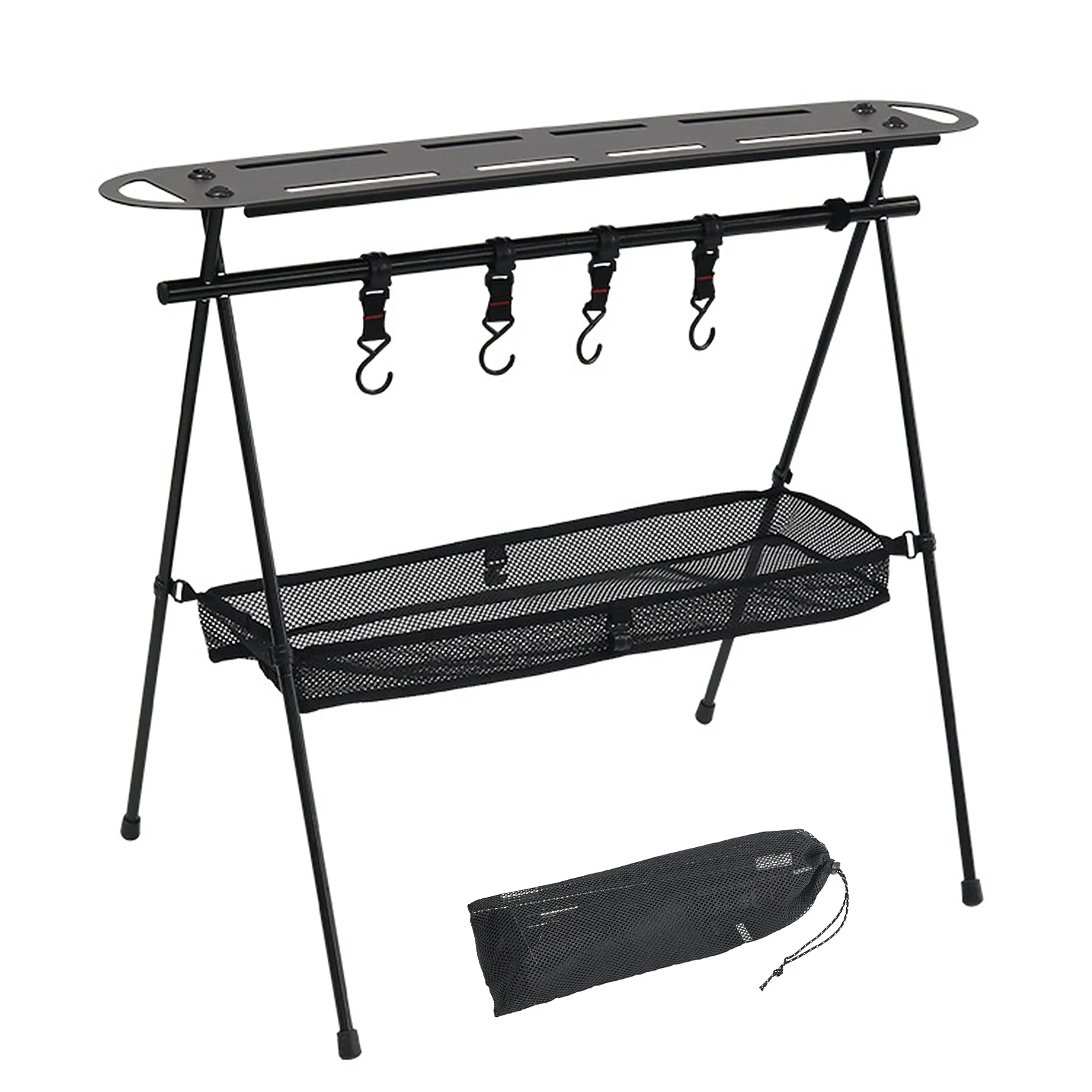 Collapsible Camping Hanging Rack Shelf Portable Picnic Cookware Hanger Stand Rack Storage Organizer with Top Plate Hooks