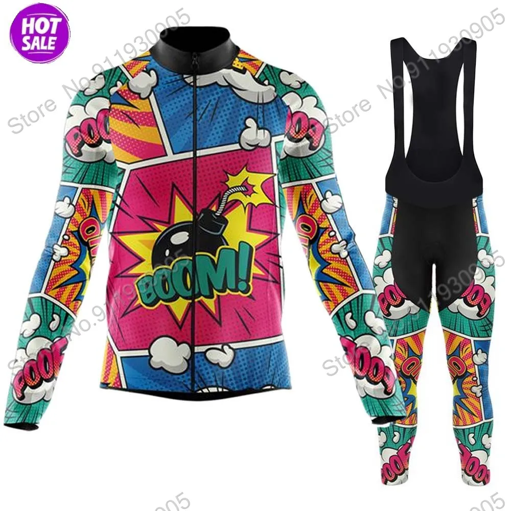 

2022 Mens Cartoon Explosive Comics Cycling Jersey Long Sleeve Set Retro Clothing Suit MTB Bike Road Pants Bib Maillot Ciclismo