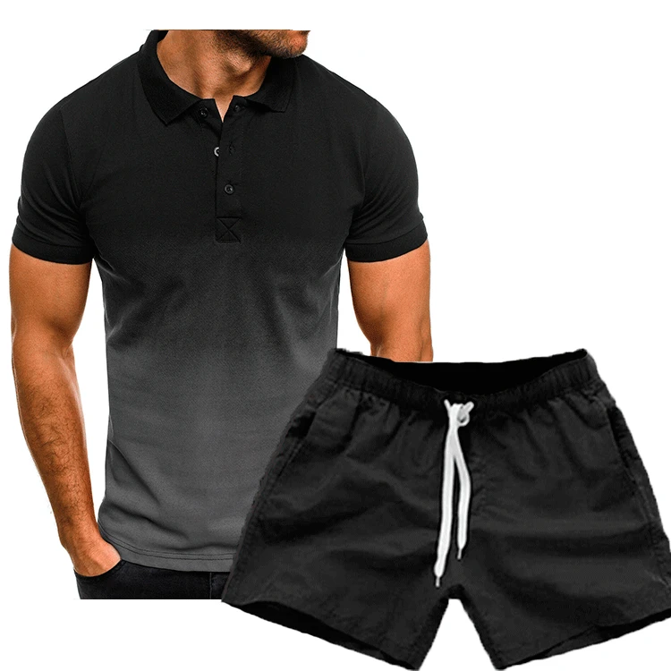 2023 summer new mens Gradient Color short-sleeved T-shirt+shorts 2-piece suit lapel slim polo shirt Men's Sets Asian size