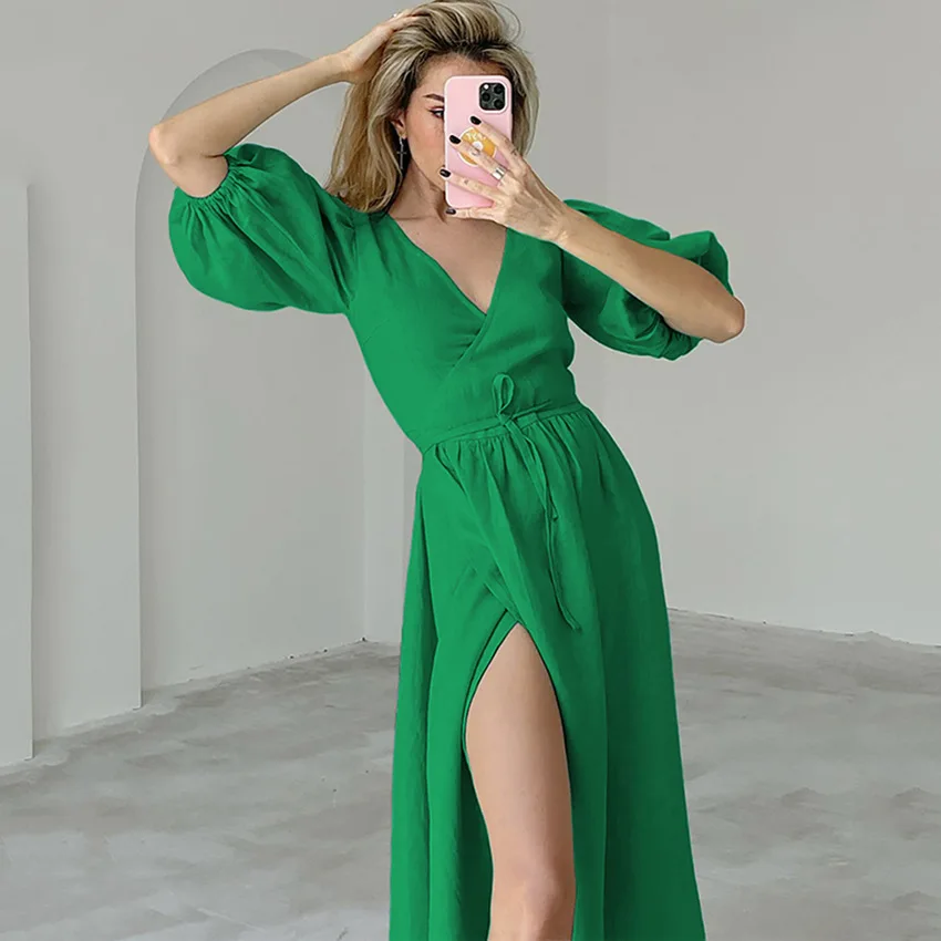 

100% Cotton Summer Women's Dress Sweet Puff Sleeve V-Neck Bandage Lace Up Open Side Holiday Beach Elegant Party Dresses Vestidos