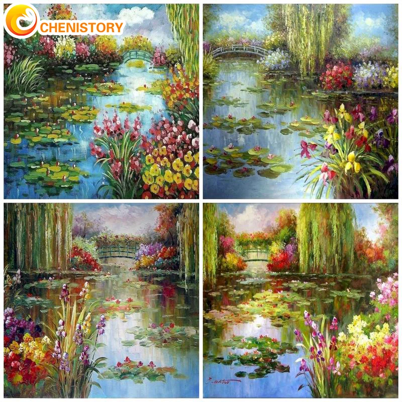 

CHENISTORY DIY Painting By Numbers Lotus Pond Flowers For Adults Kits Picture Drawing Acrylic Paint Coloring By Number Decor Art