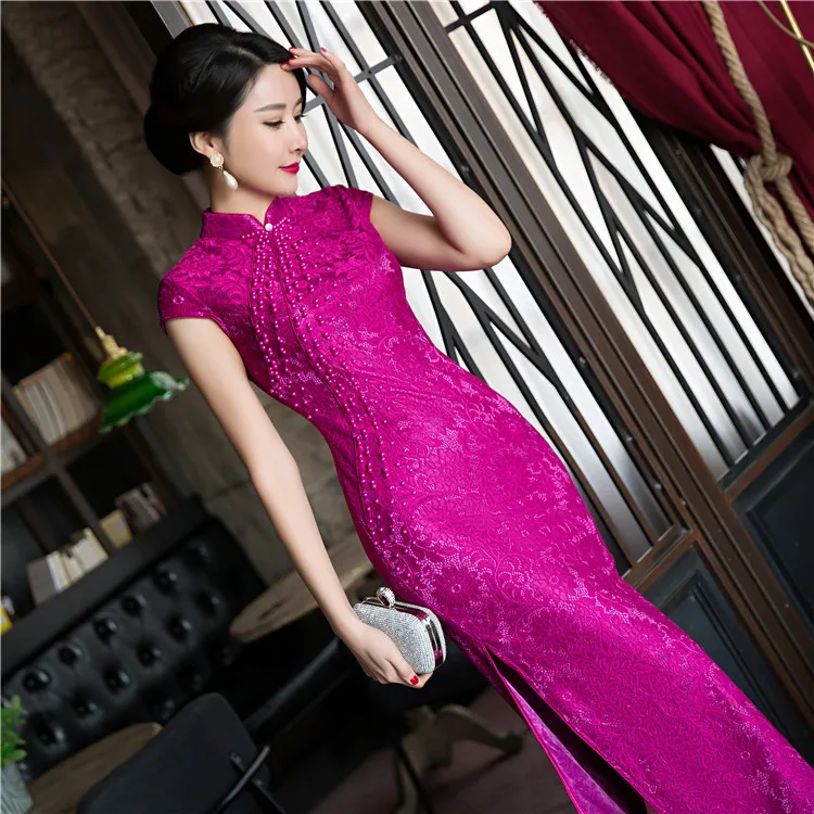 Novelty Fashion Red Women'S Long Cheongsam Top Selling Chinese Female Lace Qipao Dress Vestidos Size S M L XL XXL XXXL 415988