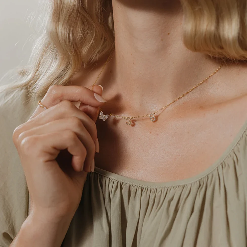 Personalized Customized Women's Letter Necklace Stainless Steel Women's Crystal Necklace Butterfly Love Letter Pendant Ornaments