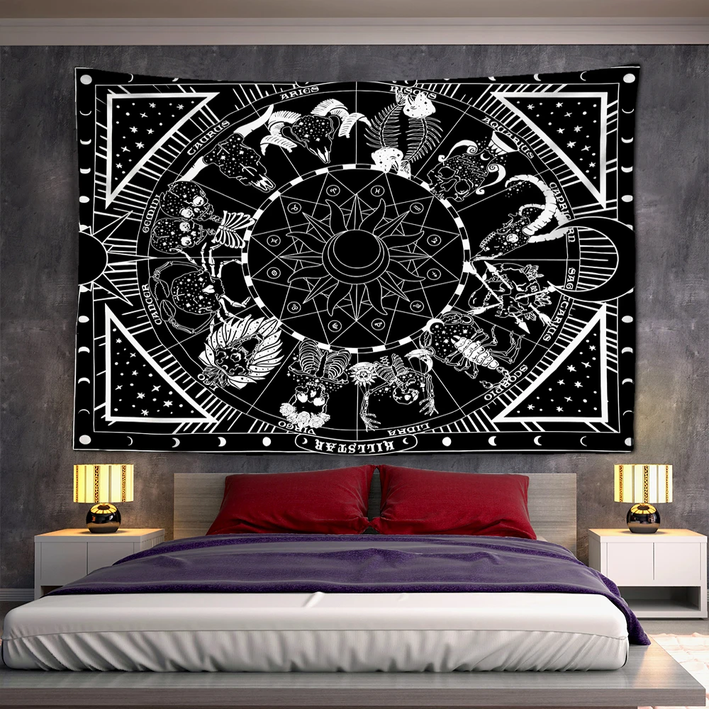 

Бело-черный цветной гобелен с изображением солнца, Луны, мандалы, в богемном стиле, небесный гобелен, хиппи, настенные ковры, декор для спаль...