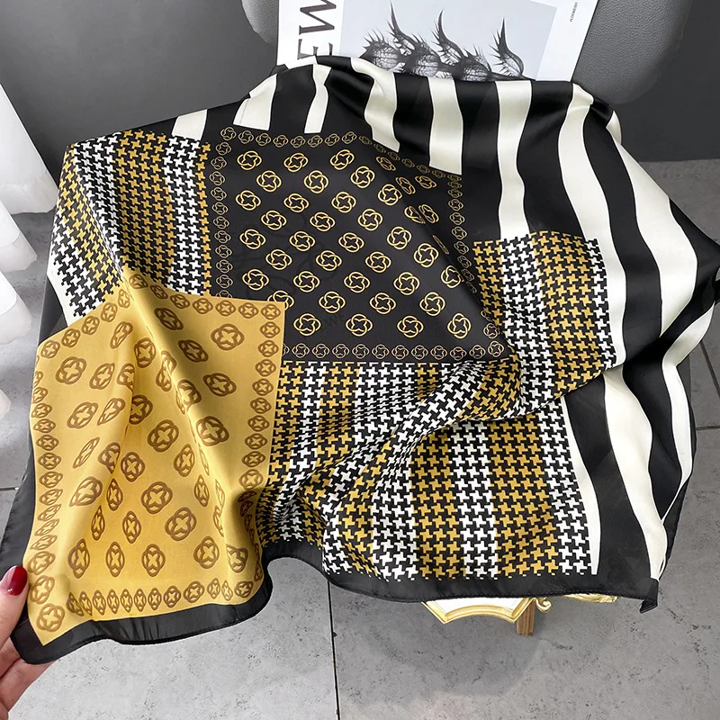 

70*70cm Handkerchief Silk Hair Scarf Ladies Fashion black white circle Women Small Shawl Wrap muffler neckerchief foulard hijab