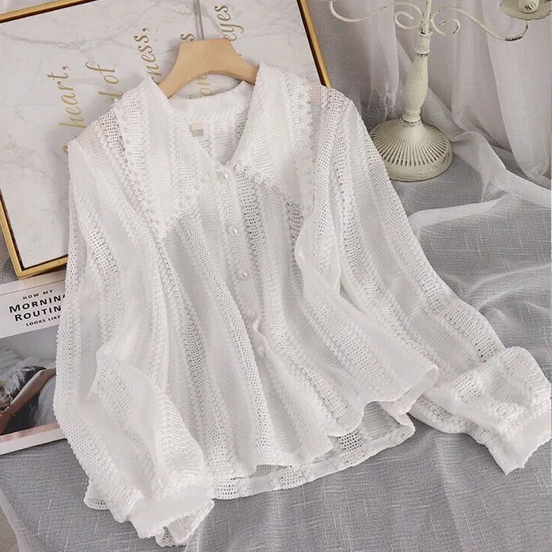 

2022 New Fashion Hollow Out Peter Pan Collar Tops Spring Elegant Lace Blouses Women Office Ladies Long Sleeves Solid Shirt