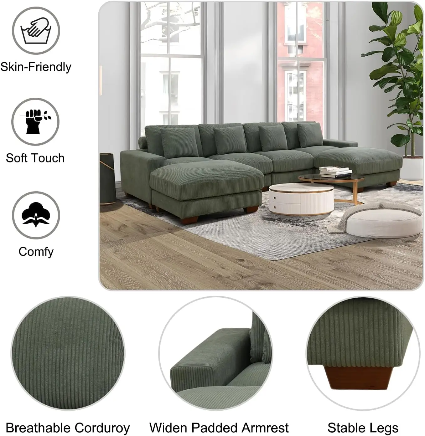 Зеленый вельветовый диван L-образный с оттоманкой для хранения вещей секционные