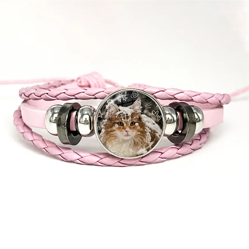 Therian символ кошка волк лиса розовый кожаный браслет стеклянный кабошон кнопка