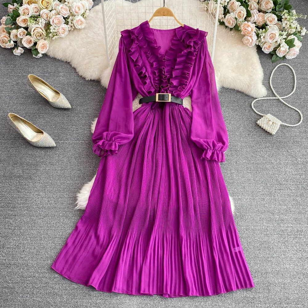 

Autumn Women Chiffon Dress Long Sleeve Pleated Ruffle Neck Midi Dresses