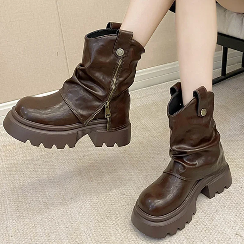 Зимние женские ботильоны на платформе модная обувь среднем массивном каблуке 2025