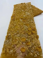 gold 2022 african lace fabric with beads material 3d french tulle flower embroidery high quality for sewing wedding dress