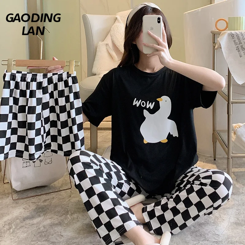 

3 Piece Suit Summer Women Short Sleeve Pajamas Set Cartoon Goose Print Sleepwear Female Round Neck Pyjamas Sweet Home Night Wear