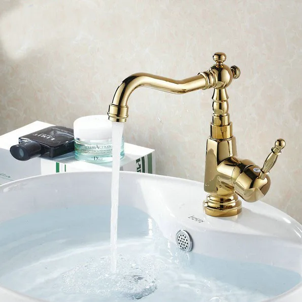 

Luxury Gold Color Brass Bathroom Kitchen Sink Basin Faucet Mixer Tap Swivel Spout Deck Mounted Single Handle mgf003