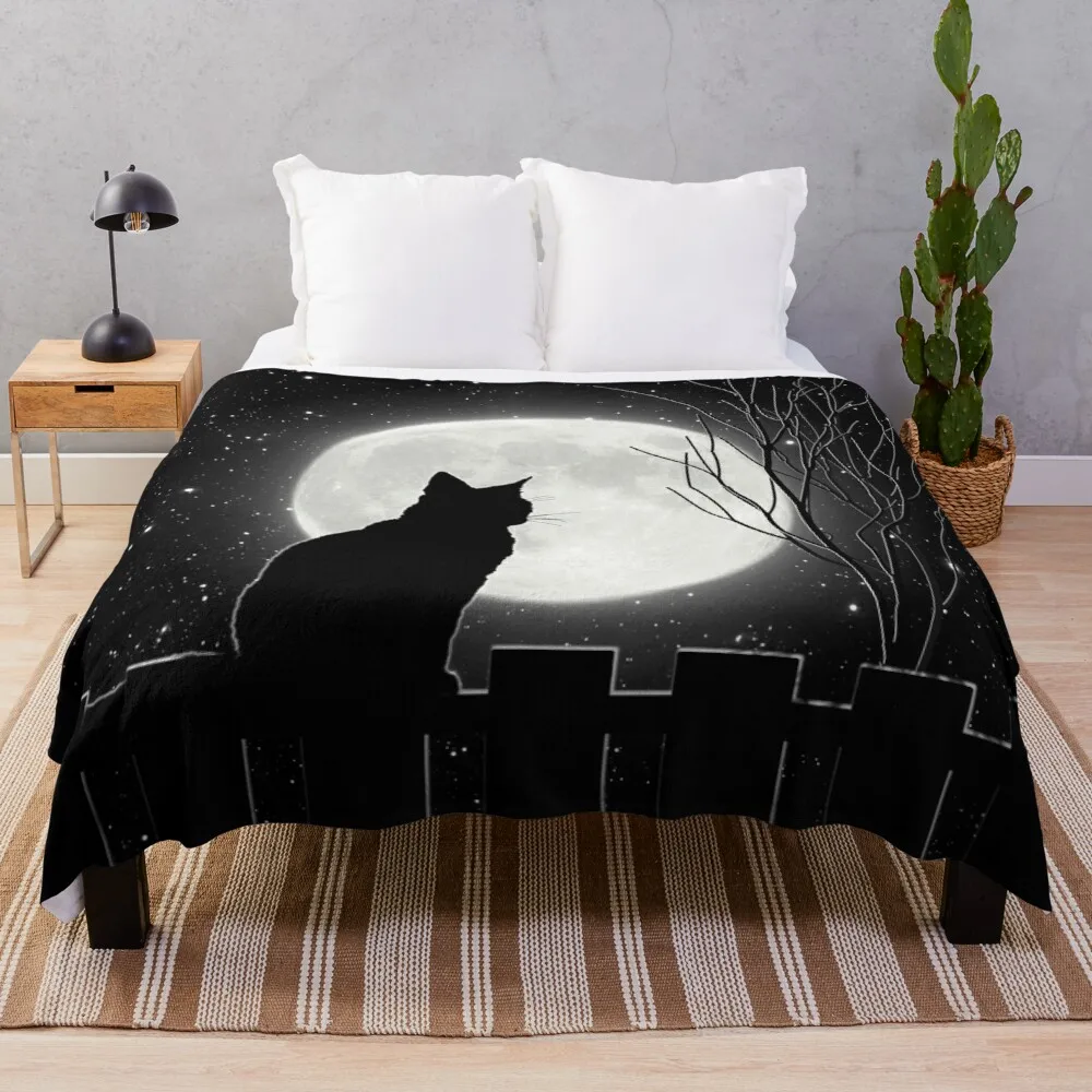 

Silent night Cat looking at the full moon Throw Blanket