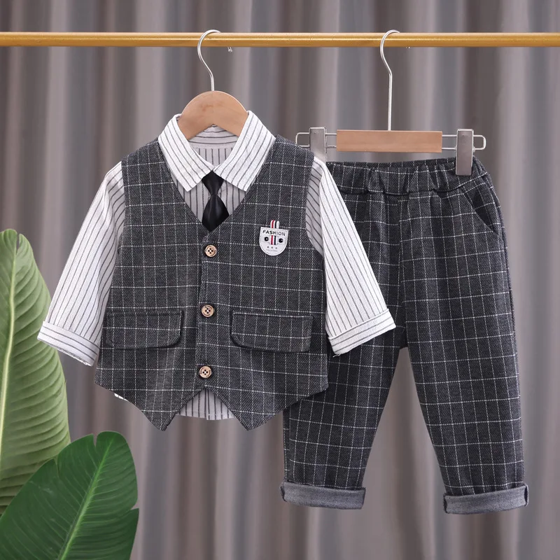 

Дизайнерский Костюм для маленьких мальчиков на весну и осень, Красивый клетчатый жилет + рубашка с галстуком + штаны, 3 предмета, детские спор...
