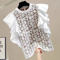 elegant fashion flying sleeve blouses korean chic lace patchwork blusas mujer summer aesthetic o neck shirts y2k top