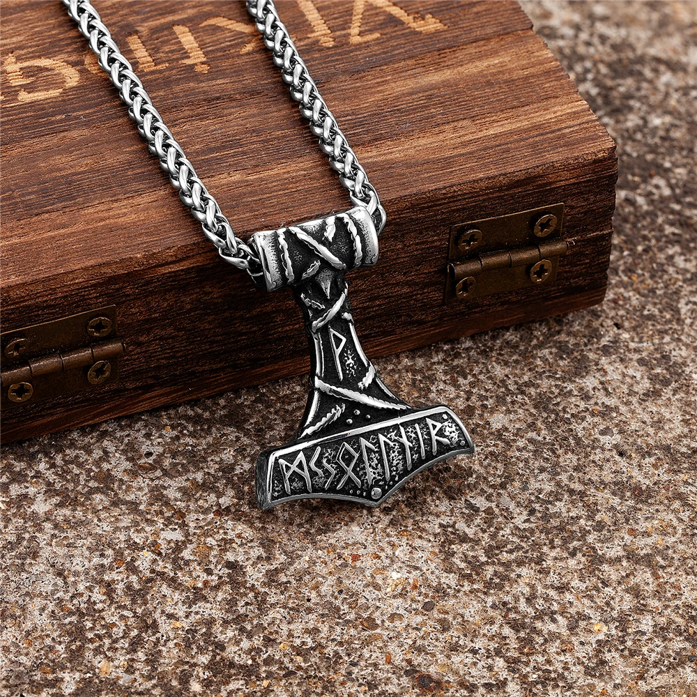 Мужские скандинавские ожерелья Vikings из натуральной кожи с подвеской молотком