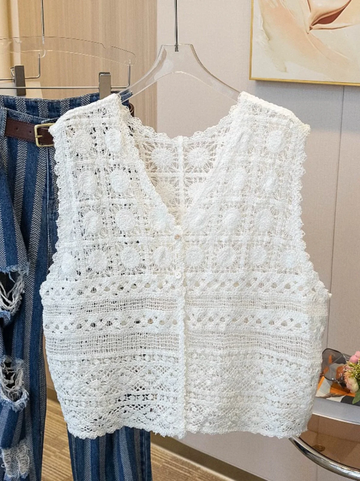 Женский короткий жилет с цветочным узором вязаный кардиган крючками и V-образным