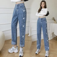high waist all match retro personality butterfly embroidery jeans womens summer korean version slim straight wide leg trousers