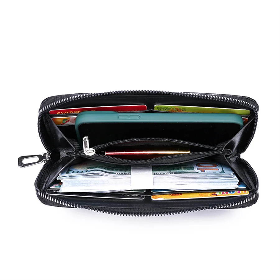 Мужской кошелек для монет черный кожаный многофункциональный на одной молнии