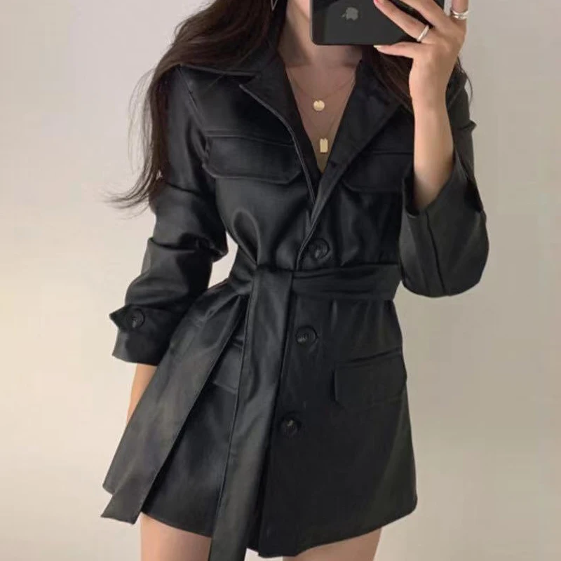 Clothland Women Chic PU Leather Jacket Pockets Long Sleeve Belt Single Breasted Khaki Black Fashion Coat Mujer CA439