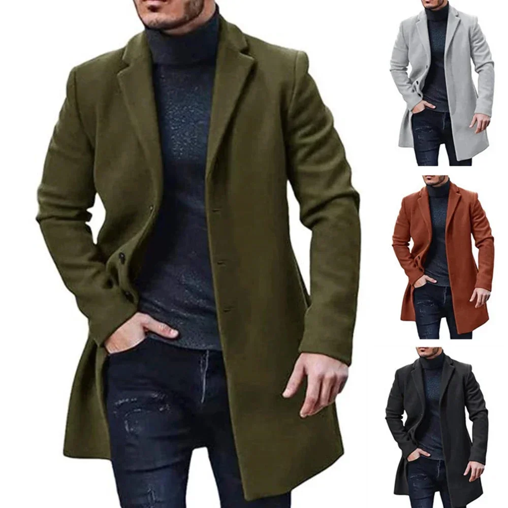 

Новинка 2023, осенне-зимнее мужское длинное пальто, однобортная куртка с лацканами, шерстяные однотонные пальто на пуговицах, повседневный Свободный Мужской Тренч