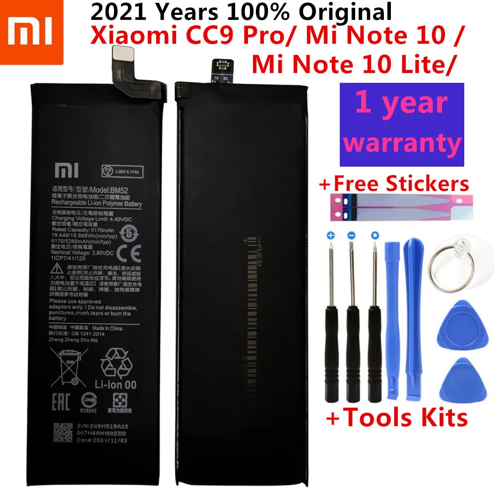 

100% Оригинальный аккумулятор BM52 5260 мАч для телефона Xiaomi Mi Note 10 Lite / Note 10 Pro / CC9pro CC9 Pro, сменные батареи, батарея