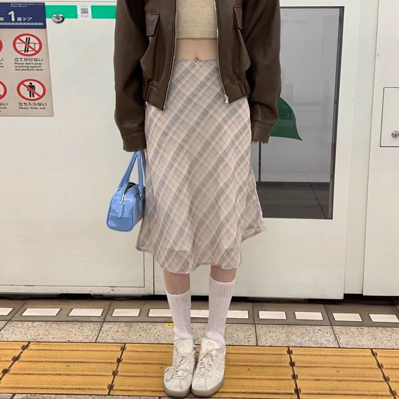 Модная винтажная синяя клетчатая юбка Neploe Y2k облегающая с высокой талией для