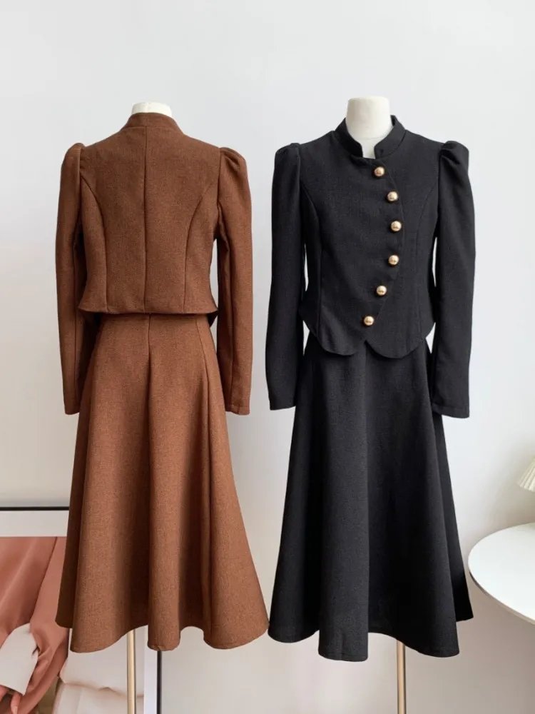 GUUZYUVIZ Winter Skirt Suit Women Retro Solid Color Long Sleeve Coat High Waist A-line Skirt 2 Sets