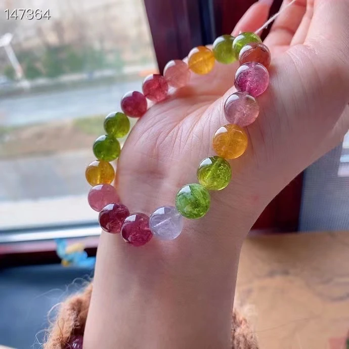 

Genuine Natural Colorful Tourmaline Gemstone Bracelet 10.3mm Clear Round Beads Women Men Green Red Tourmaline AAAAAA