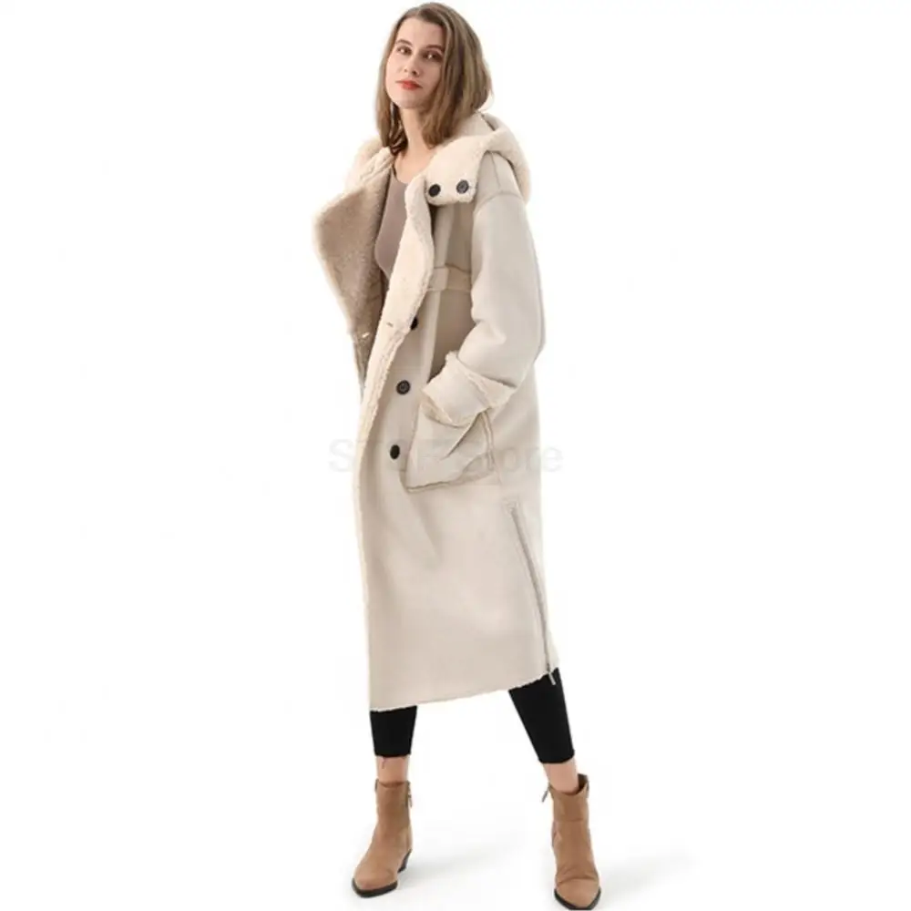 Women Winter Real Fur Suede double-breasted With Hood Coat  Long Teddy Fleece Pocket Jacket Thermal Zipper Belt Bondage Parka