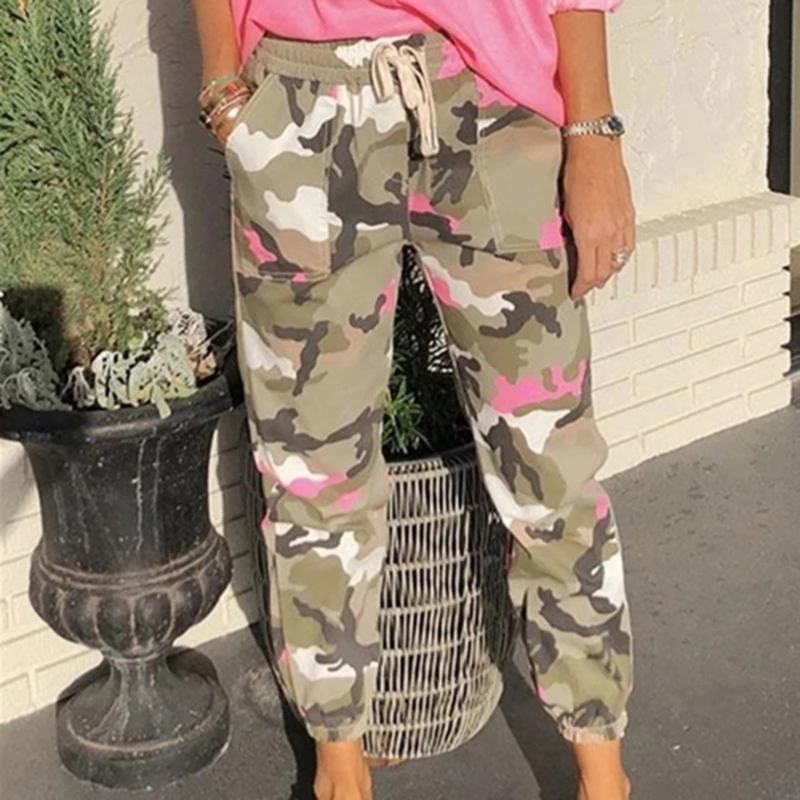 

2023 Gray Camouflage Print High Elastic Waist Full Length Camo Cargo Pants Women Clothes Sweatpants Casual Loose Trousers