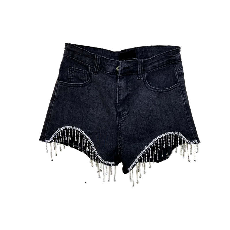 2021 Spring Summer Women High Waist Black Denim Shorts with Buttons Rhinestone Heavy Tassels Nail Diamond Bead Female Slim Jeans