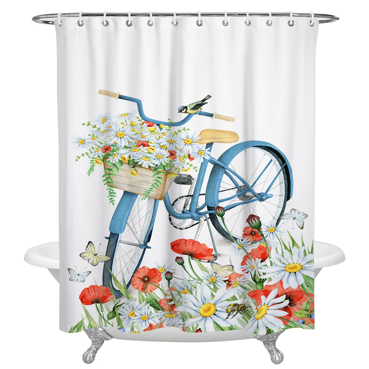 

Bicycle Flower Painting Shower Curtain Bathroom Curtain Frabic Waterproof Polyester Bathroom Curtain with Hooks