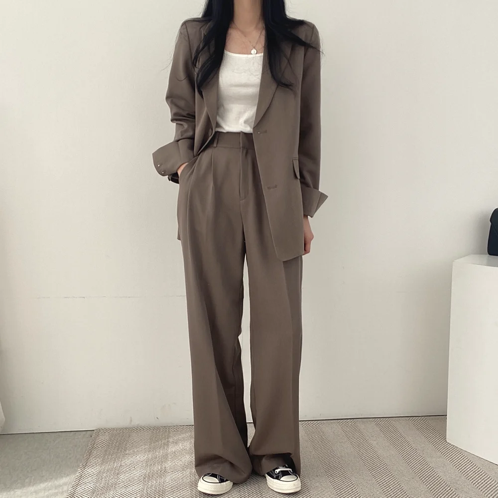 

DAYIFUN Fashion Office Lady Blazers Chic Two-piece Sets Autumn Loose Elegant Suits Straight Solid 2022 High Waist Pants and Coat