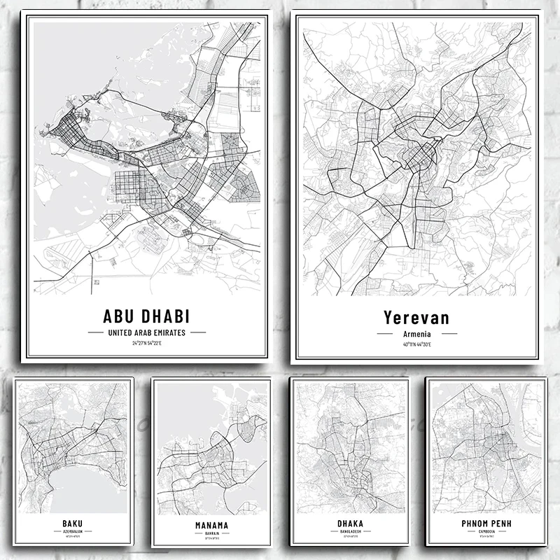 Современная городская уличная карта с черно-белыми линиями настенный плакат