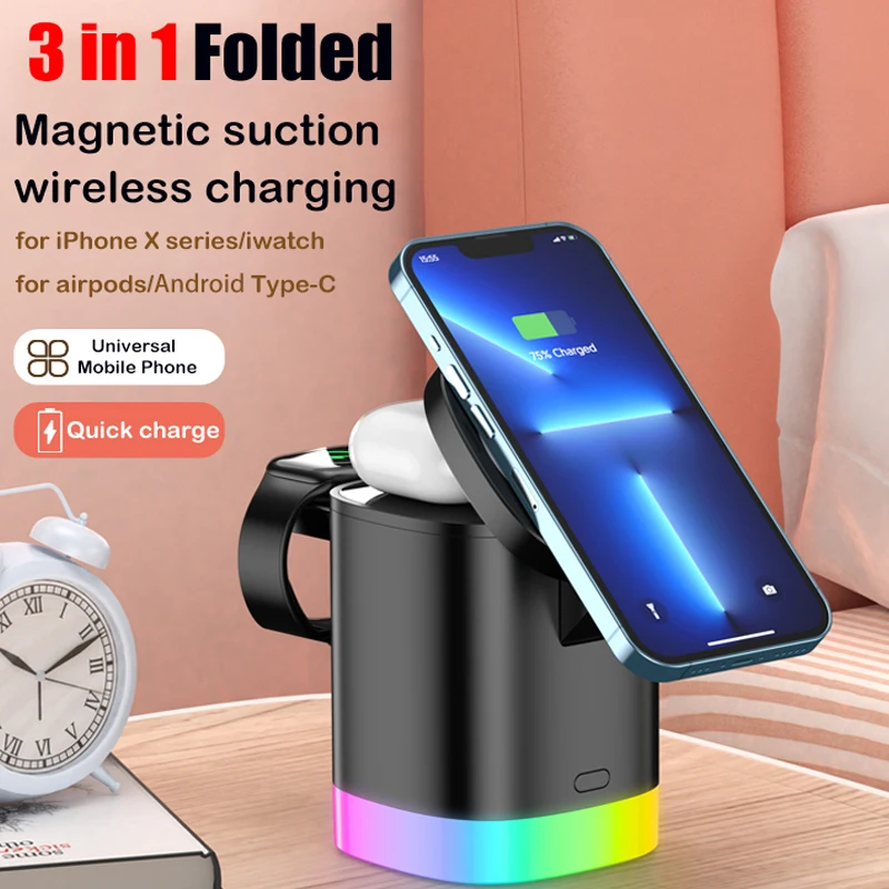 

3 in1 Magnetic Wireless Fast Charger for Mobile Phone Pro Max RGB Ambient Light 15W Charging Station For Airpods Apple Watch