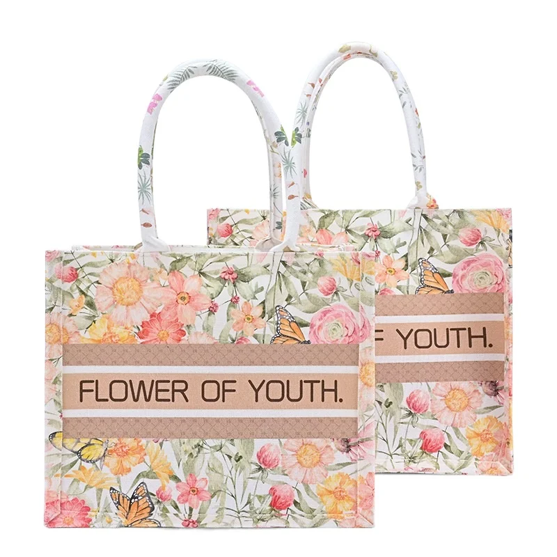 

New Art Oil Painting Canvas Bags for Women 2023 Fashion Printing Handbag Large Capacity Flower Butterfly Shopping Tote Bag