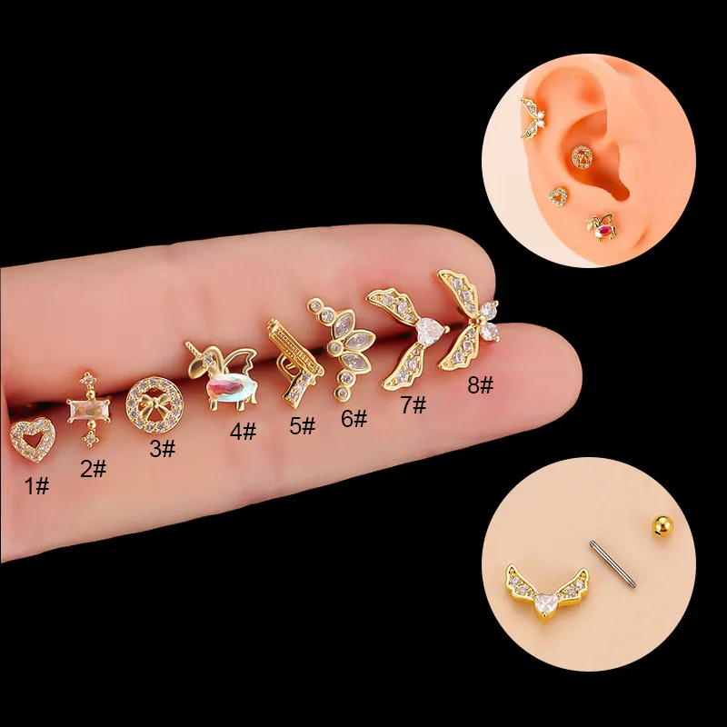 

1 Piece Golden Surgical Steel Ear Cartilage Helix Tragus Lobe Conch Piercing Stud Ring Wing Heart Pistol Earring Body Jewelry