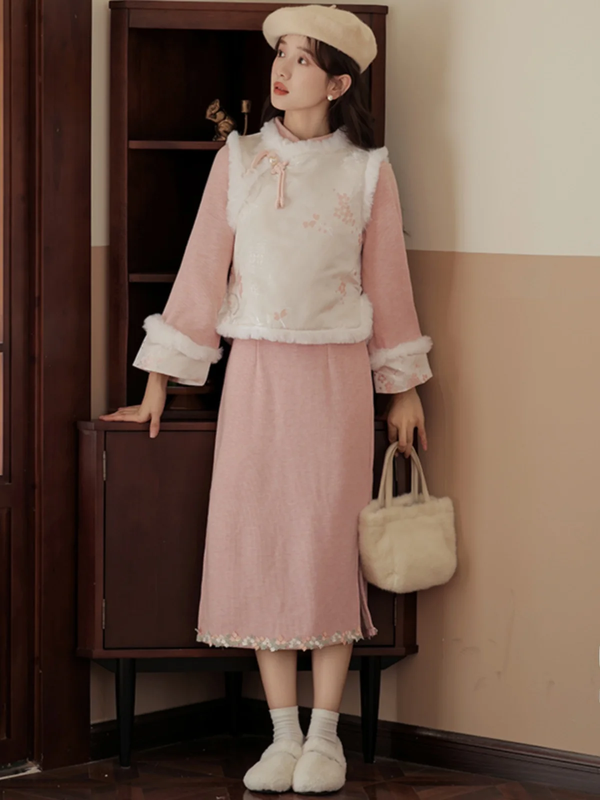 Маленькое улучшенное платье Hanfu National Sle для девочек розовый толстый жилет на