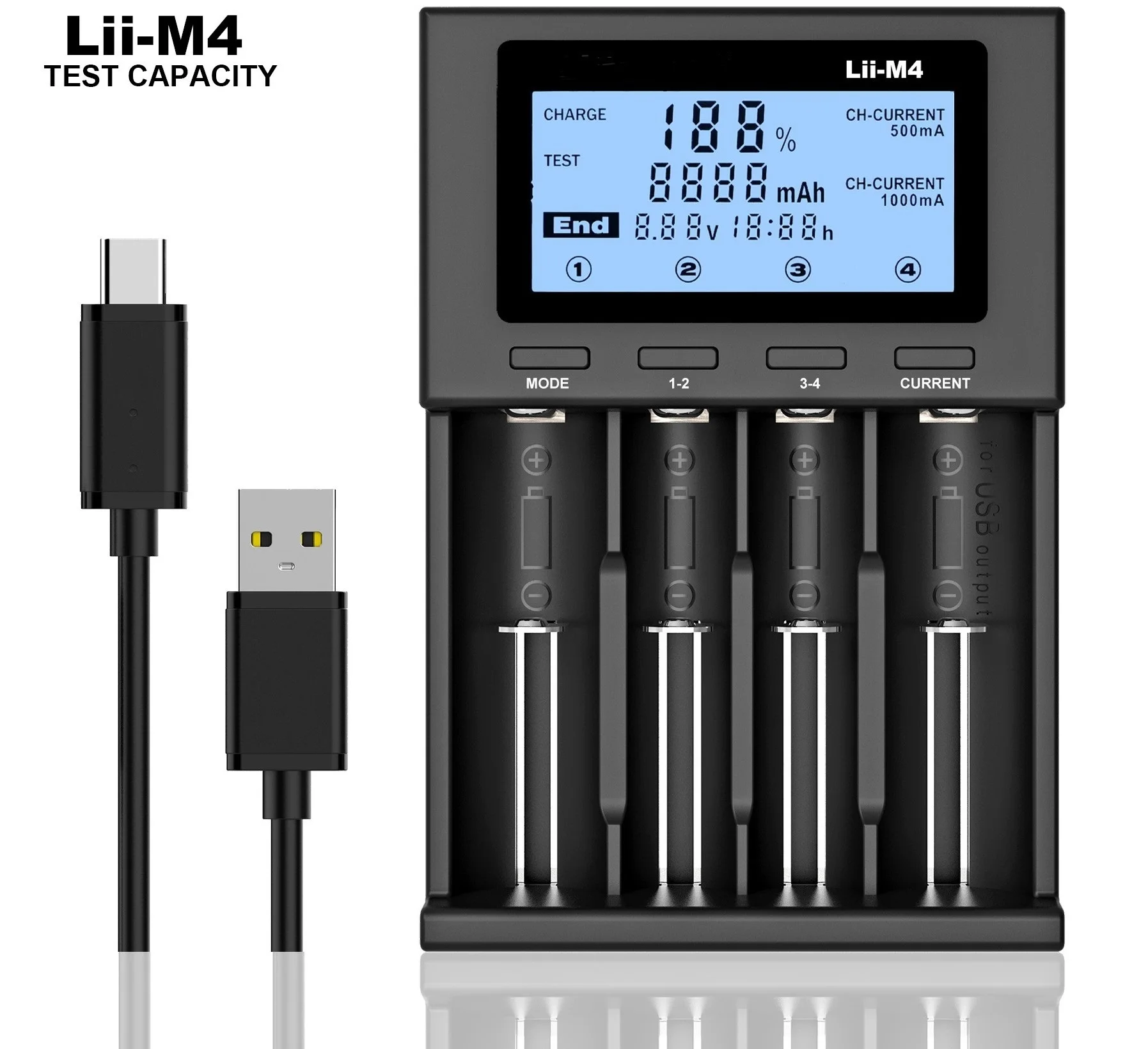 

Lii-M4 18650 Charger LCD Display Universal Smart Charger Test capacity for 26650 18650 21700 AA AAA etc 4slot